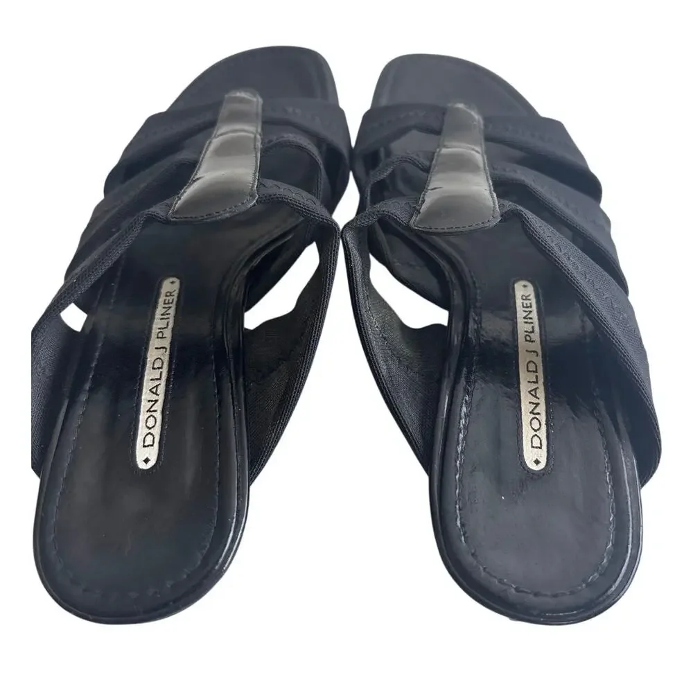 Donald J Pliner Hizzy Black Stretch Slide Sandals 6M Made in Spain Kitten Heel